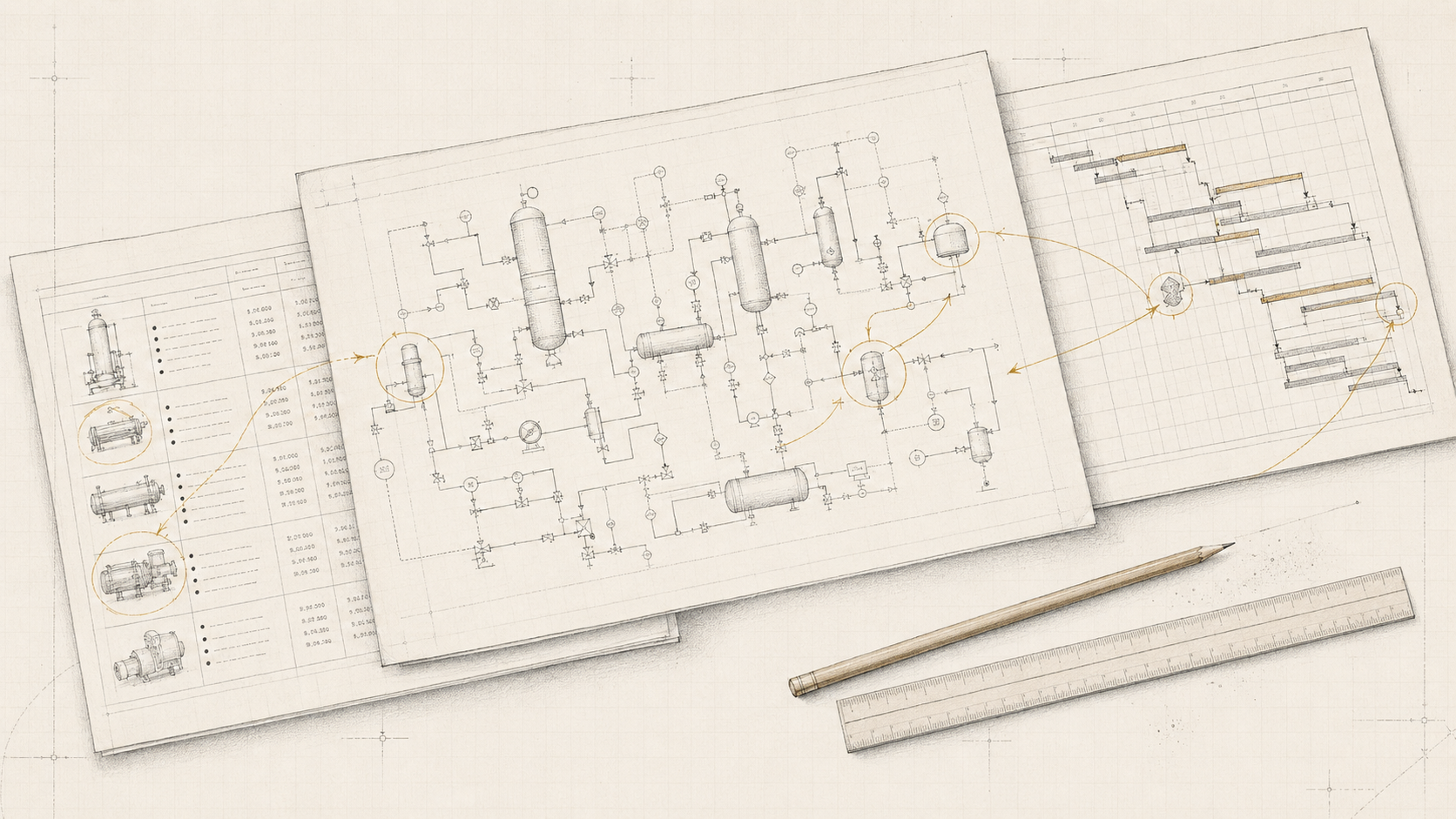 発注者側の担当者が設計図書と見積を確認しているイラスト